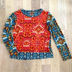 Tory Burch Long Sleeve Sabrina Top Size Small Pima Cotton Multicolor Ikat Print
